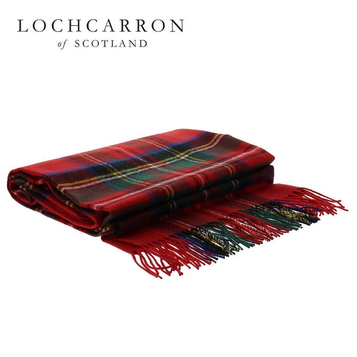 stewart royal modern tartan wool throw shown folded with lochcarron logo in top left corner of image