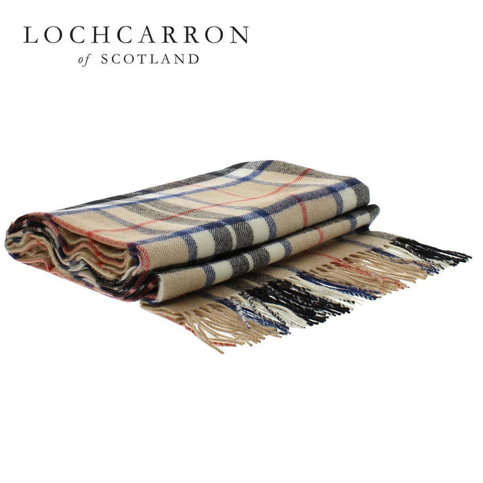 thomson camel tartan wool throw shown folded with lochcarron logo in top left corner of image