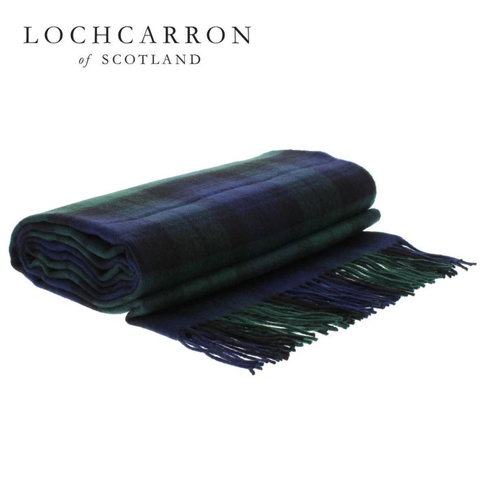 blackwatch modern tartan wool throw shown folded with lochcarron logo in top left corner of image