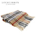 Thomson Camel Cashmere scarf in a camel coloured tartan with red, black and white weave. 