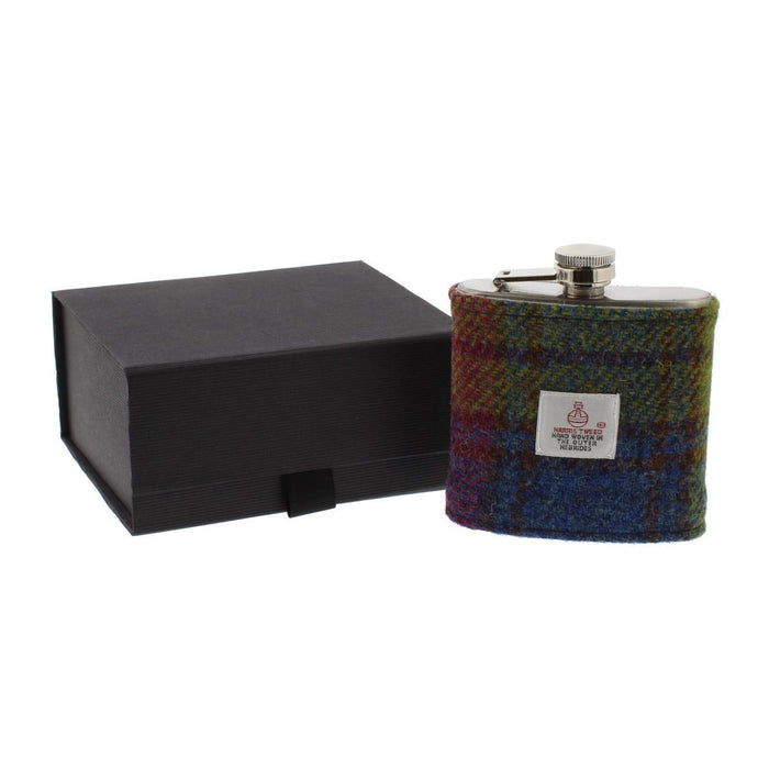 Harris Tweed Hip flask with box blue, yellow. pink