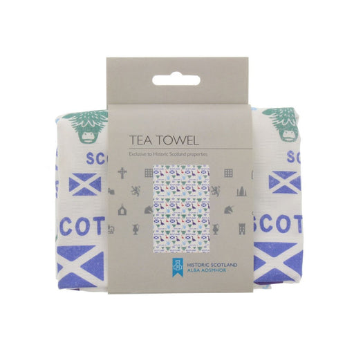 Scotland Tea Towel folded and shown in cardboard packaging