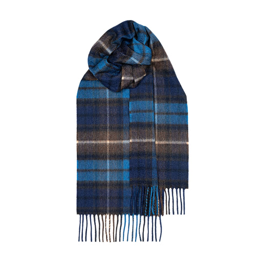 Buchanan Blue Cashmere Scarf features a dark navy base with light blue, grey and white stripes  - Image