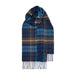 Buchanan Blue Cashmere Scarf features a dark navy base with light blue, grey and white stripes 
