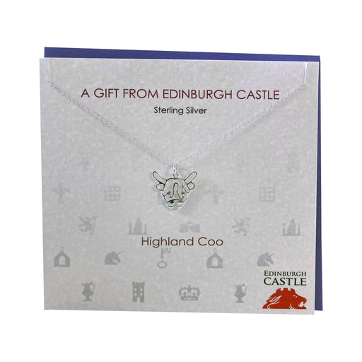 Sterling Silver Highland Cow Pendant on presentation card exclusive to Edinburgh castle and our online shop