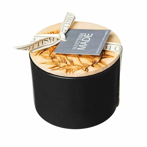 scented candle with thistle design engraved wooden lid