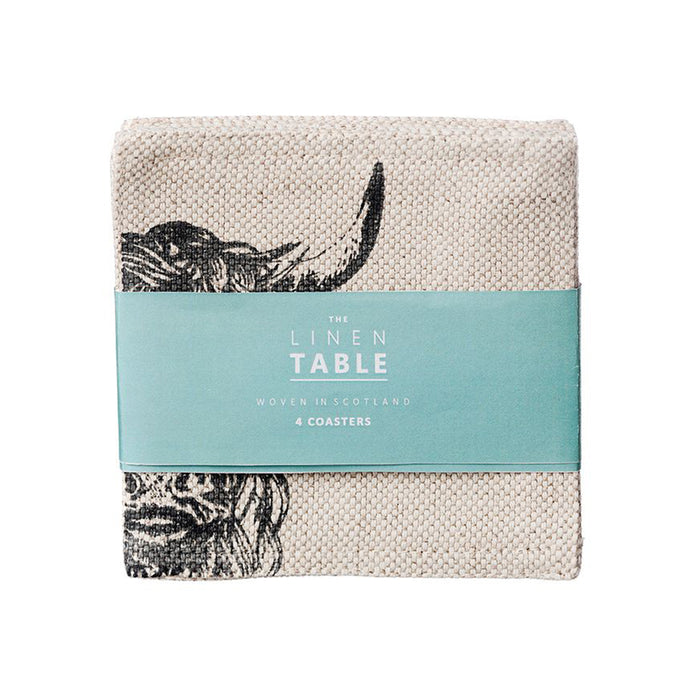 4 linen highland cow coasters packaging