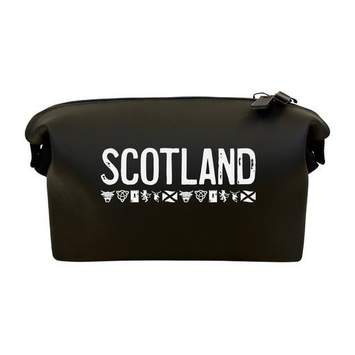 Matte Black water repellent wash bag with Scotland text across the front and a design that features some Scotland Icons underneath. 