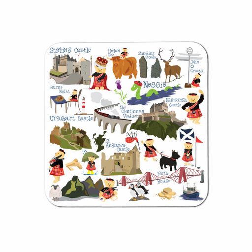 Hardboard coaster featuring the Piper Bear and many Scottish Locations on the form of a map. 