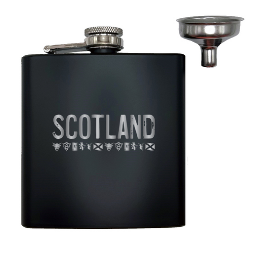 Matt Black Hip Flask with Scotland text and a scottish icons design underneath. The hip flask features silver hardware and a handy pouring cap. 