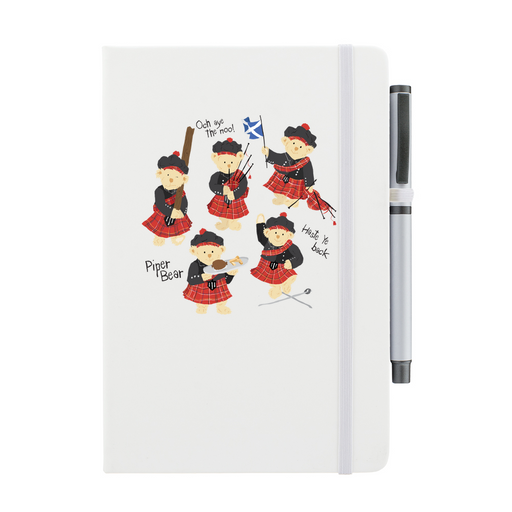 White notepad with pen featuring dancing Piper Bear teddy's.