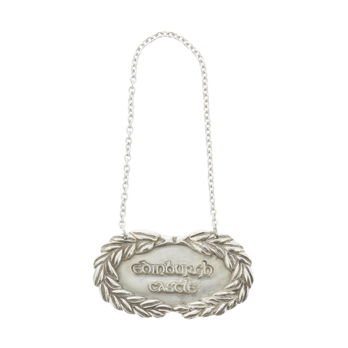 Pewter Whisky Decanter Tag with the words Edinburgh Castle.