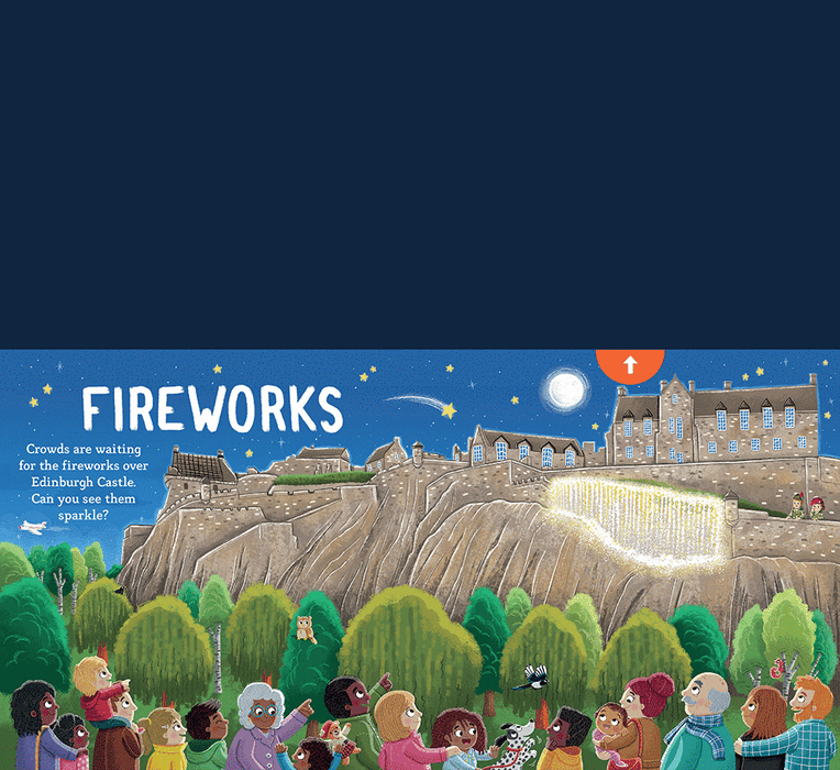 Animated page of the fireworks at Edinburgh Castle from the book little Explorers: Scottish Castles