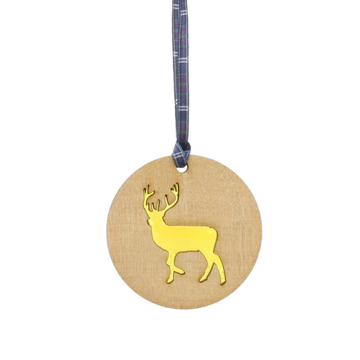 Wooden hanging suncatcher with Stag cut out design and tartan fabric hanger