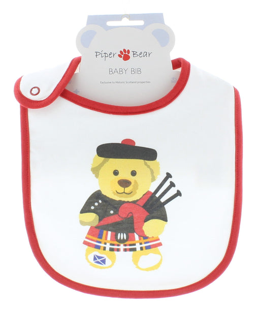 Piper Bear Baby Bib white bib with teddy piper on front and red edging to hems