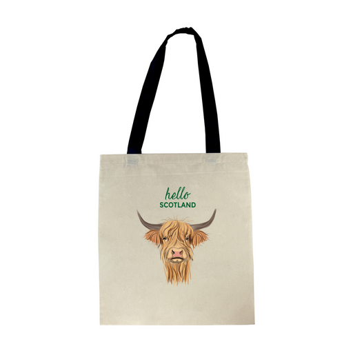 Cotton tote shopper with a black handle, highland cow motif and the words 'hello Scotland'  written in a green font. The bag can be personalised at checkout. 