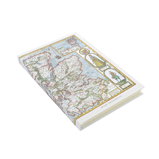 a5 notebook shown at angle with 17th century Scotland map on front cover