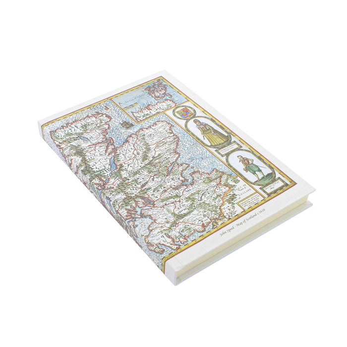 a5 notebook shown at angle with 17th century Scotland map on front cover