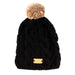 bobble hat black cable knit with natural coloured faux fur bobble and natural coloured small leather label to front which says aran tradition