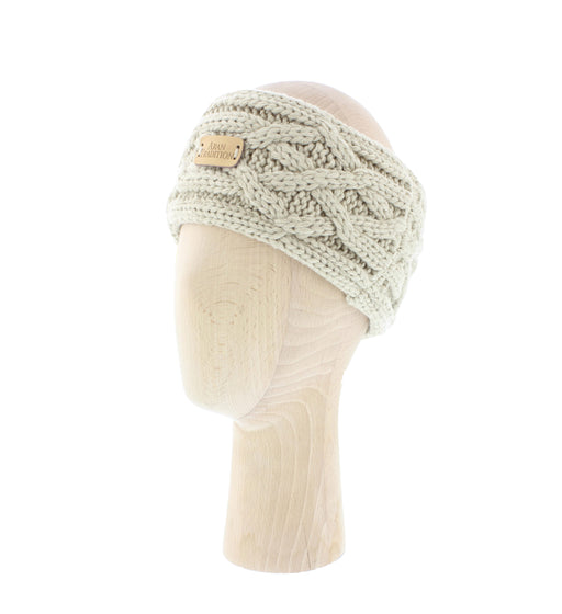 cable knit oatmeal coloured headband on model