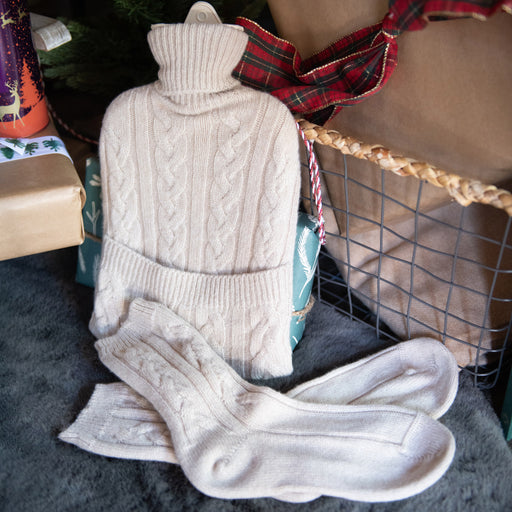 Cashmere Bed Socks shown with matching hot water bottle cover from the same collection