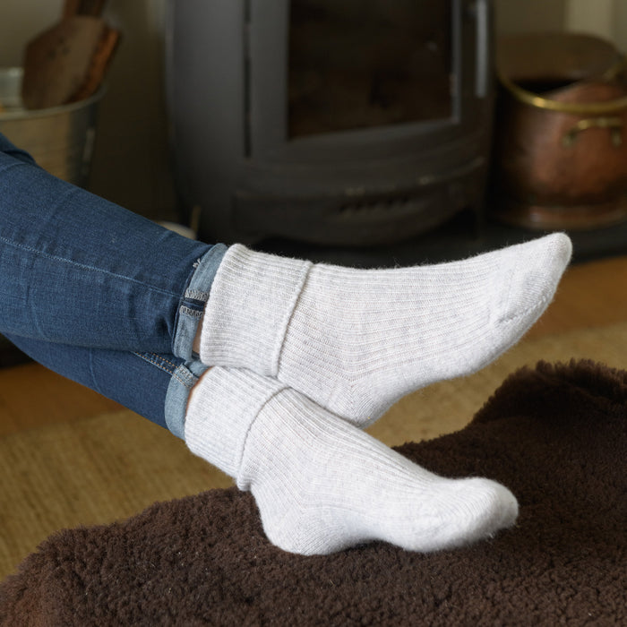 light grey cashmere socks on model