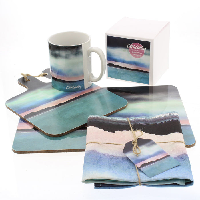 group image of artist cath waters edinburgh skyline including mug, chopping board, tea towel and placemat