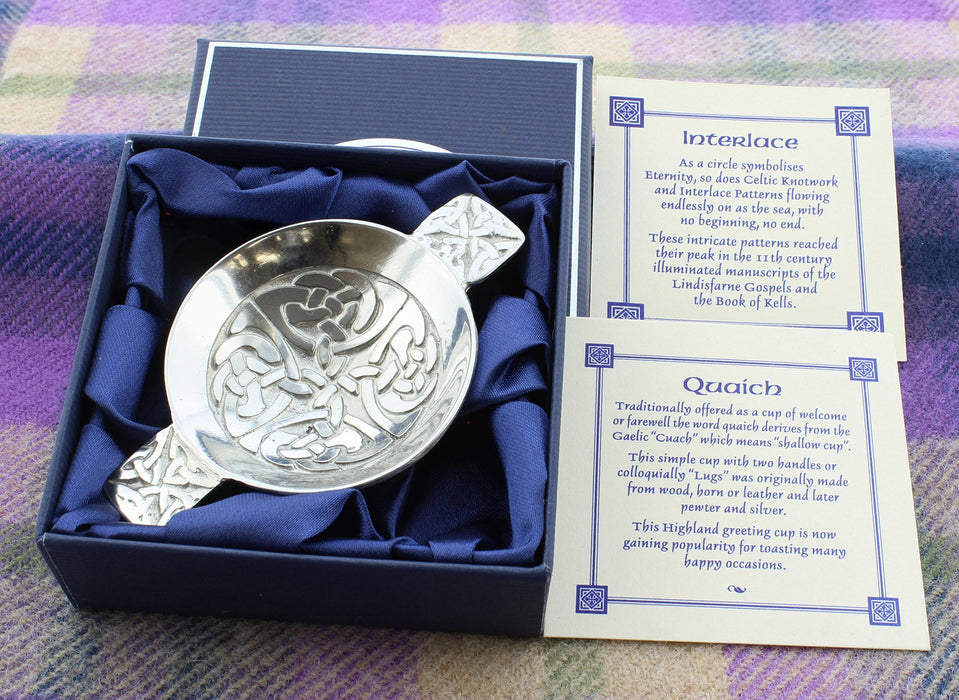 Quaich Mini Celtic shown with explanation cards in open box