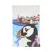 colourful coast puffin kitchen tea towel with puffin holding a fish in its mouth