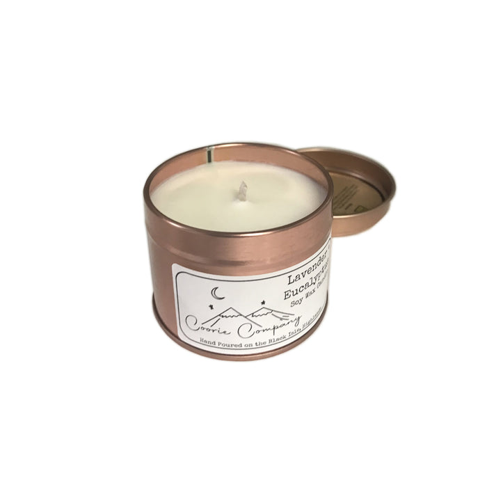 coorie candle tin with scents of lavender and eucalyptus