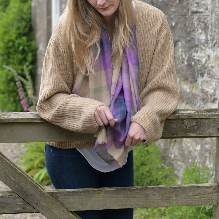 coorie tartan fine wool scarf in scottish garden
