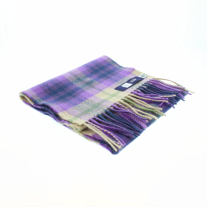 coorie tartan lambswool scarf with label showing to bottom