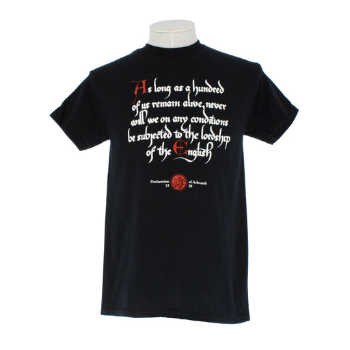 declaration of arbroath t-shirt in black with white text to front and red highlights