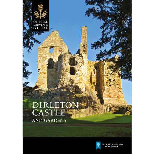 dirleton castle and gardens souvenir guidebook cover with image of the castle set against a bright blue cloudless sky with trees overhanging the gardens
