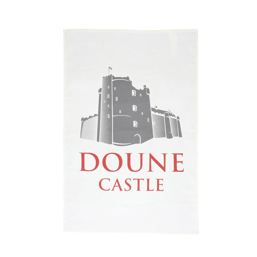 doune castle illustration tea towel white with red text and grey image