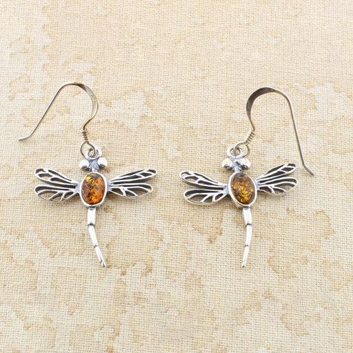 pair of amber dragonfly silver earrings
