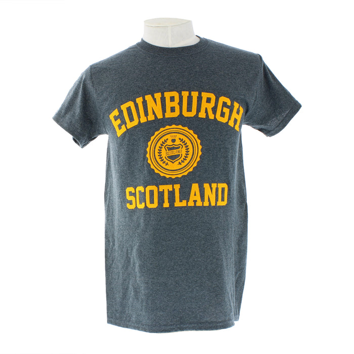 grey edinburgh t-shirt with words edinburgh scotland and a badge logo on front