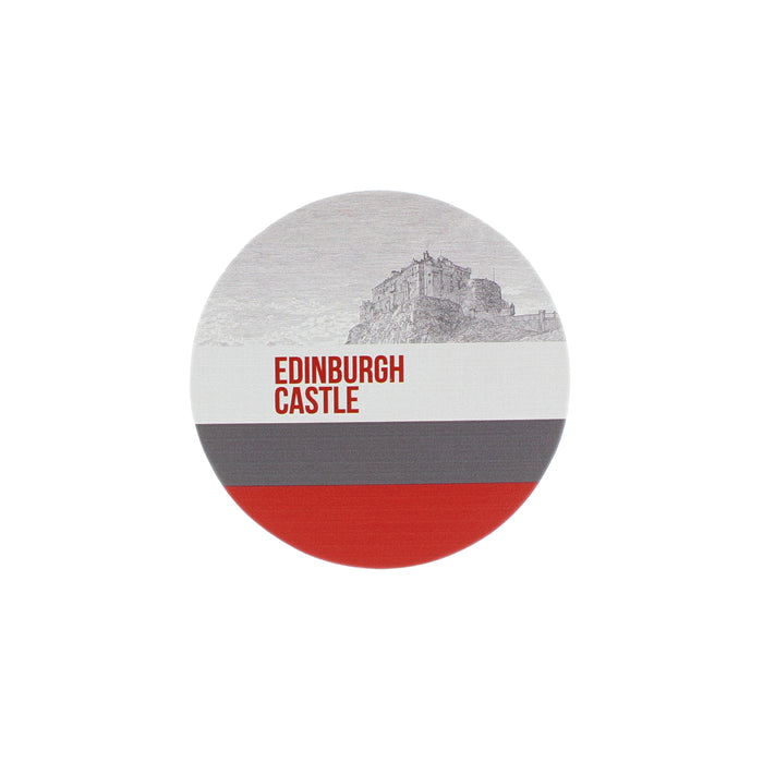 Edinburgh Castle Coaster round drinks coaster which edinburgh castle title and red and grey stripe