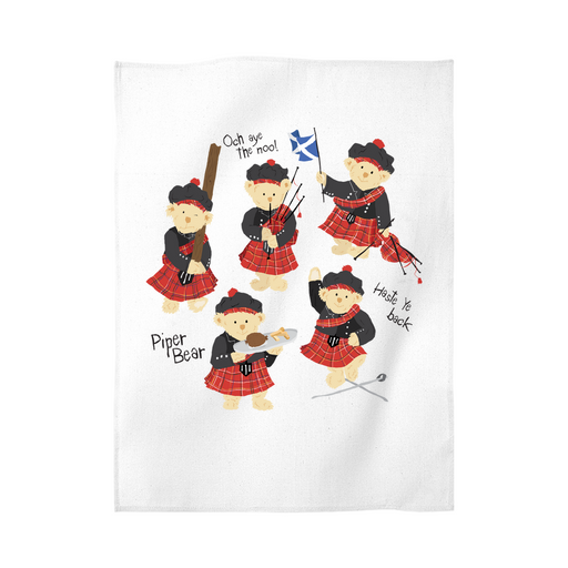 White cotton tea towel featuring 5 dancing teddy bears in Highland Dress. 