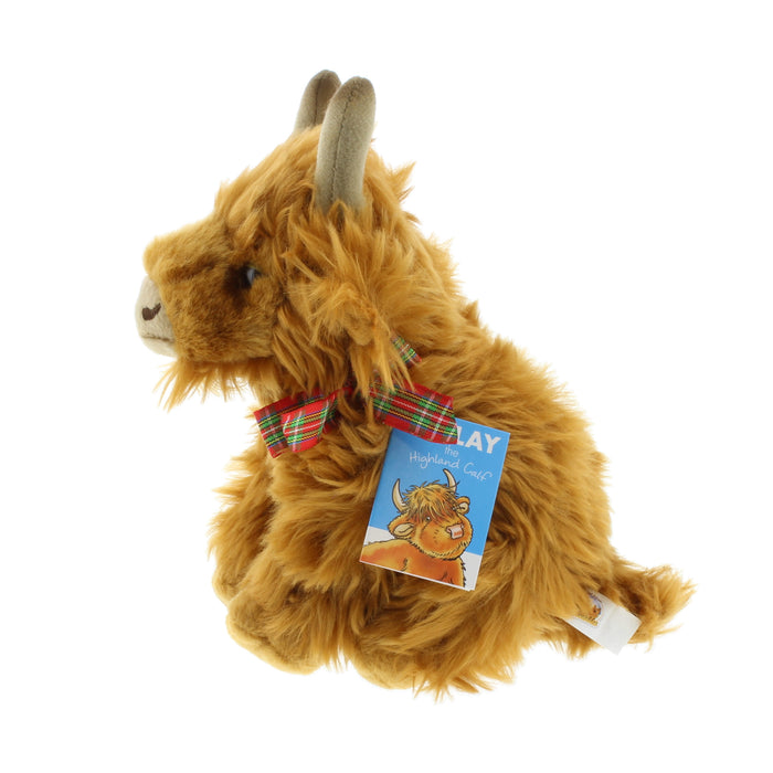side view of findlay the small highland cow soft toy