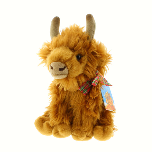 highland cow small soft plush toy with tartan bow