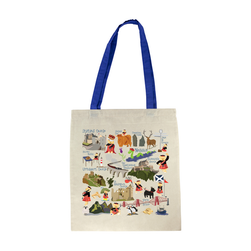 Cotton Tote with blue straps features a map print of Scotland's landmarks including Urquhart Castle, The Forth Rail Bridge, Puffins, the mythical Loch Ness Monster as well as many teddy bears dressed in Highland Dress. 