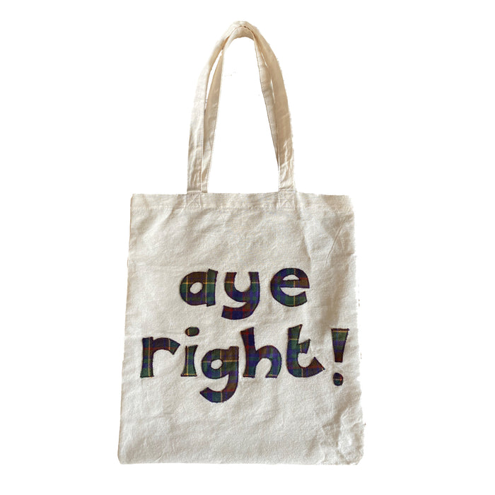 Canvas tote bag with Aye Right! embroidered in tartan