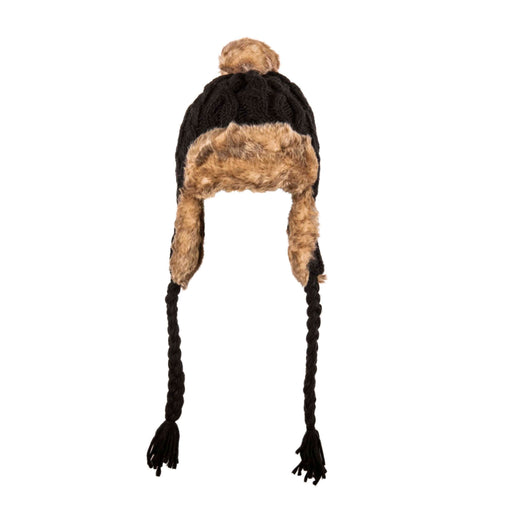 dark grey knitted trapper style hat with natural colour faux fur trim and pompom and long woven tie straps to side