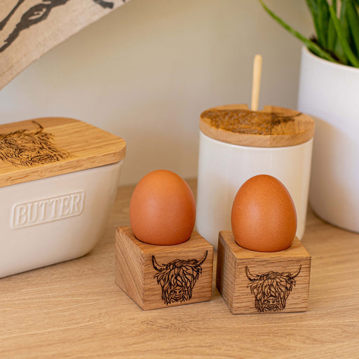 set of 2 highland cow square oak wood egg cups available to buy online