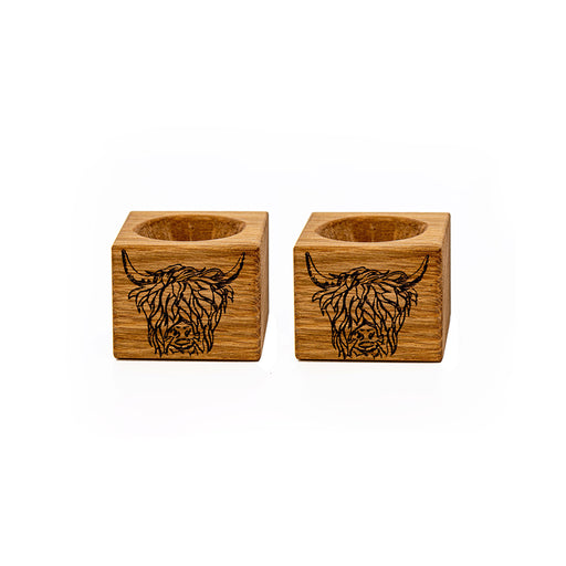 set of 2 highland cow egg cups made from oak