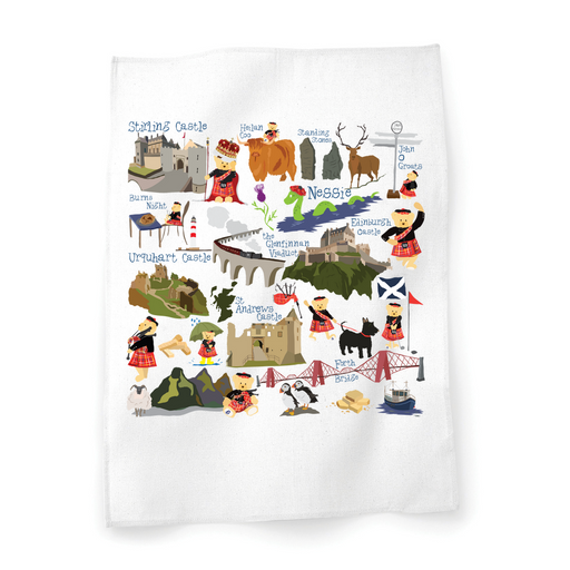 White cotton tea towel featuring Scottish Sights and Piper Bear