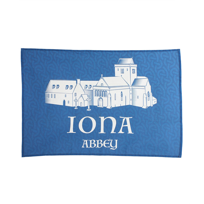 Iona Abbey tea towel blue design with illustration of abbey and large lettering Iona abbey
