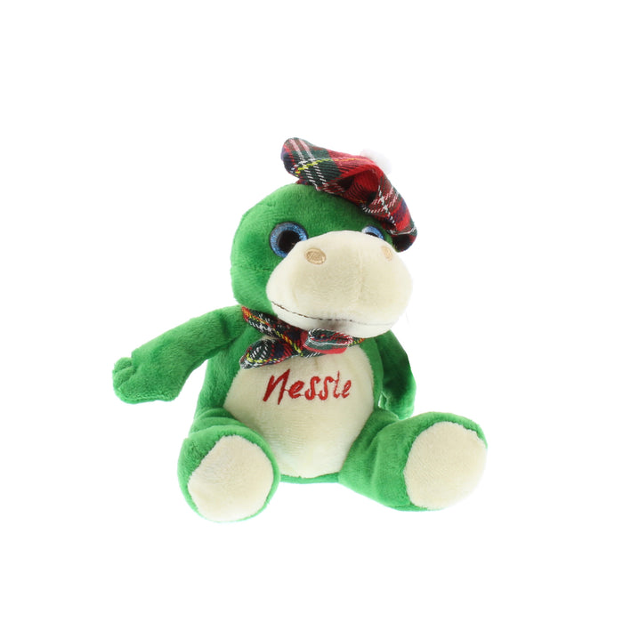 small nessie soft toy with tartan bow and tartan tam 