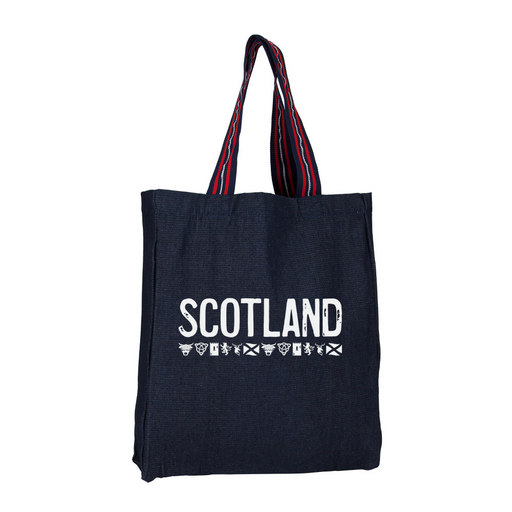 Dark denim shopper with red striped straps features the Historic Scotland exclusive 'Scotland Icon's' design. The word SCOTLAND is written in a bold white font across the front if the bag. 